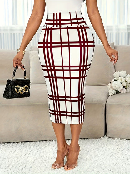 High-Waist Plaid Pencil Skirt – Bodycon Midi Work Skirt