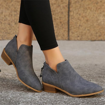 Pointed Toe Ankle Boots Block Heel – V-Cutout Back Zip Booties