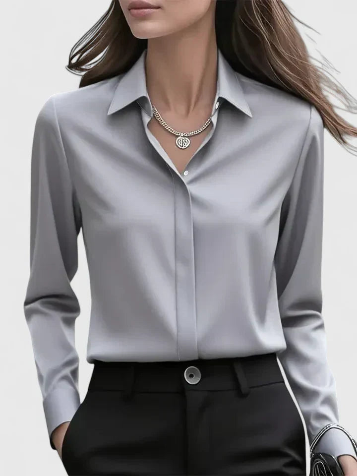Satin Button-Down Blouse – Long Sleeve Hidden Placket Work Top