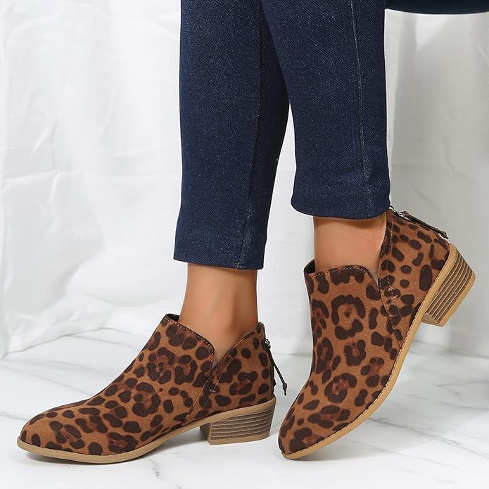 Pointed Toe Ankle Boots Block Heel – V-Cutout Back Zip Booties