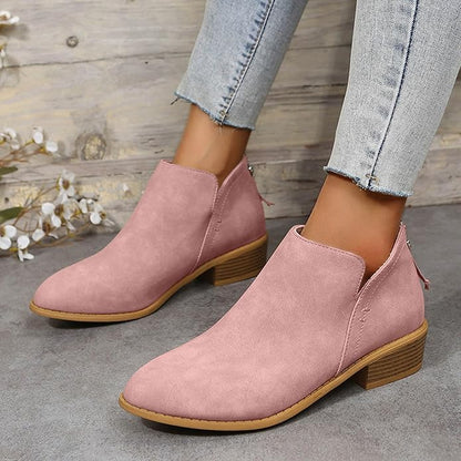 Pointed Toe Ankle Boots Block Heel – V-Cutout Back Zip Booties