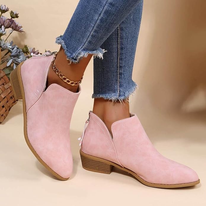 Pointed Toe Ankle Boots Block Heel – V-Cutout Back Zip Booties