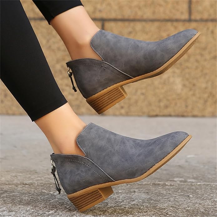 Pointed Toe Ankle Boots Block Heel – V-Cutout Back Zip Booties
