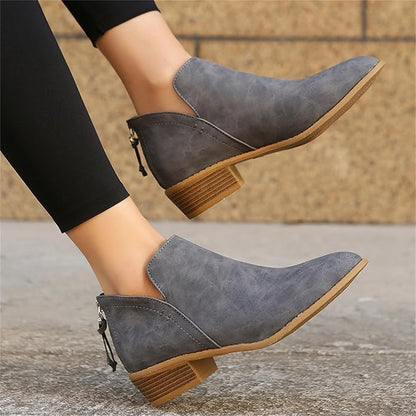 Pointed Toe Ankle Boots Block Heel – V-Cutout Back Zip Booties