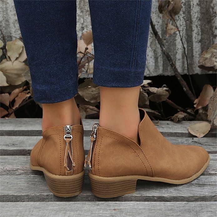Pointed Toe Ankle Boots Block Heel – V-Cutout Back Zip Booties
