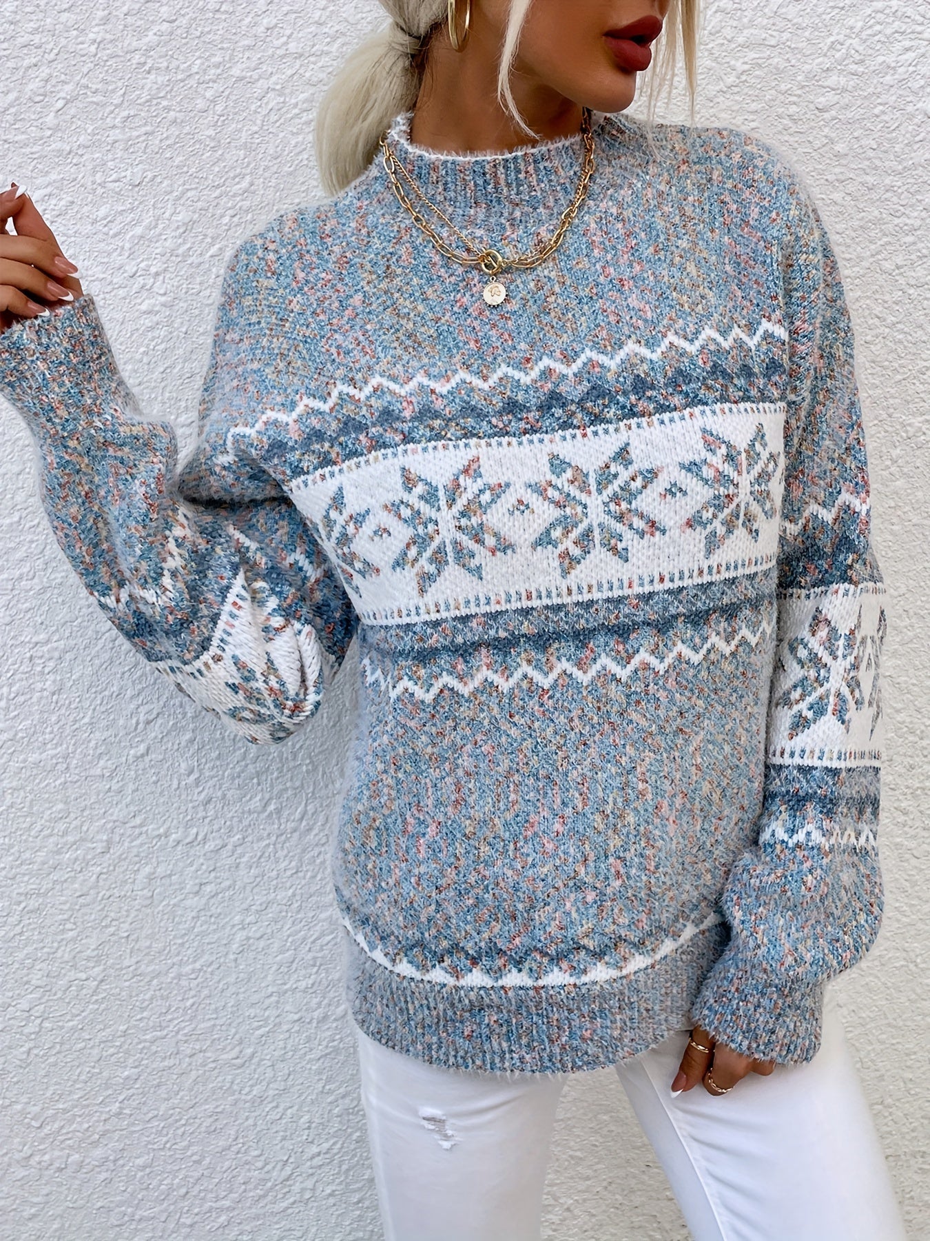 Fair Isle Snowflake Mock Neck Sweater – Relaxed Fit Winter Pullover