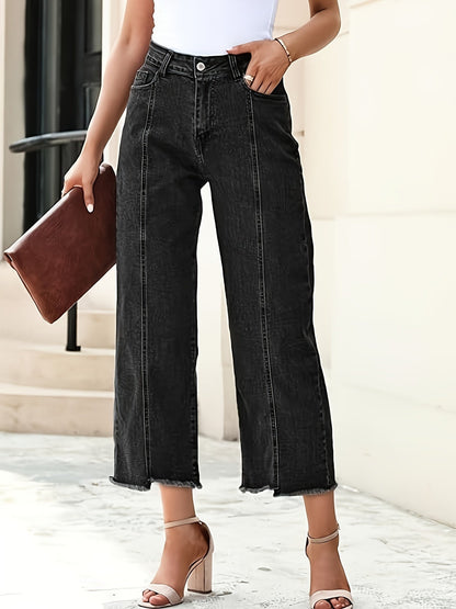 High Waist Wide Leg Cropped Jeans – Raw Hem Dark Wash Denim