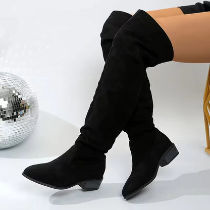 Faux Suede Over-the-Knee Slouch Boots – Block Heel Slip-On