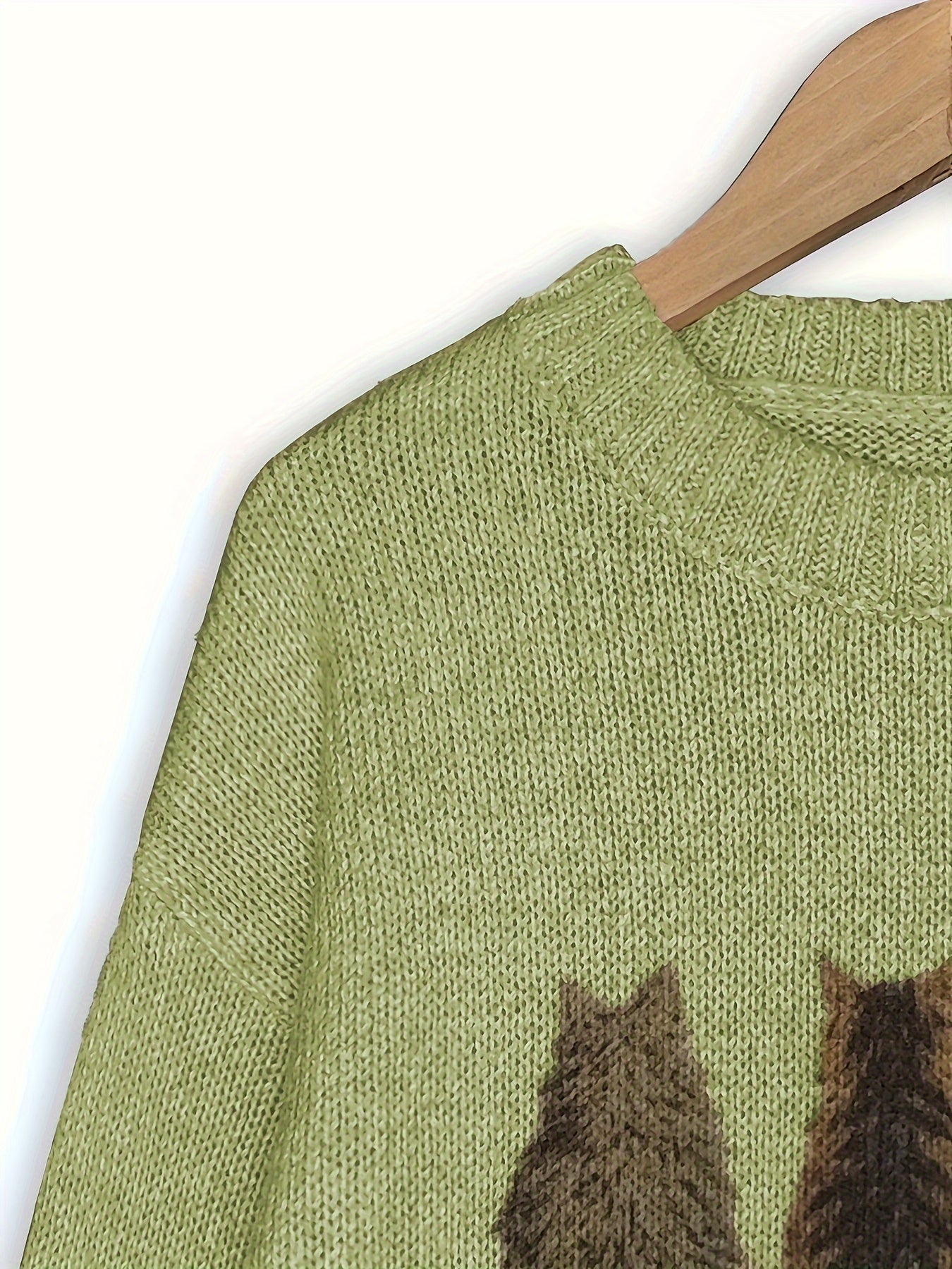 Cat Print Knit Pullover Sweater – Crewneck Relaxed Fit Long Sleeve