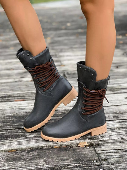 Lace-Up Mid-Calf Combat Boots – Studded Lug Sole Block Heel