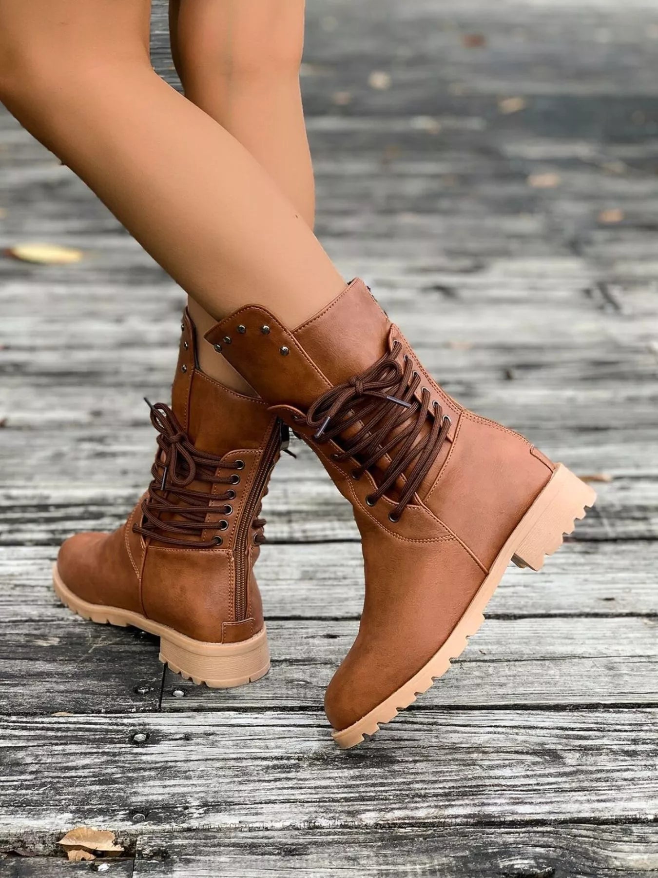 Lace-Up Mid-Calf Combat Boots – Studded Lug Sole Block Heel