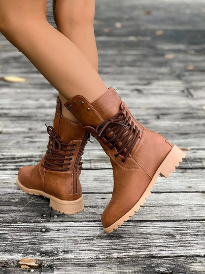 Lace-Up Mid-Calf Combat Boots – Studded Lug Sole Block Heel