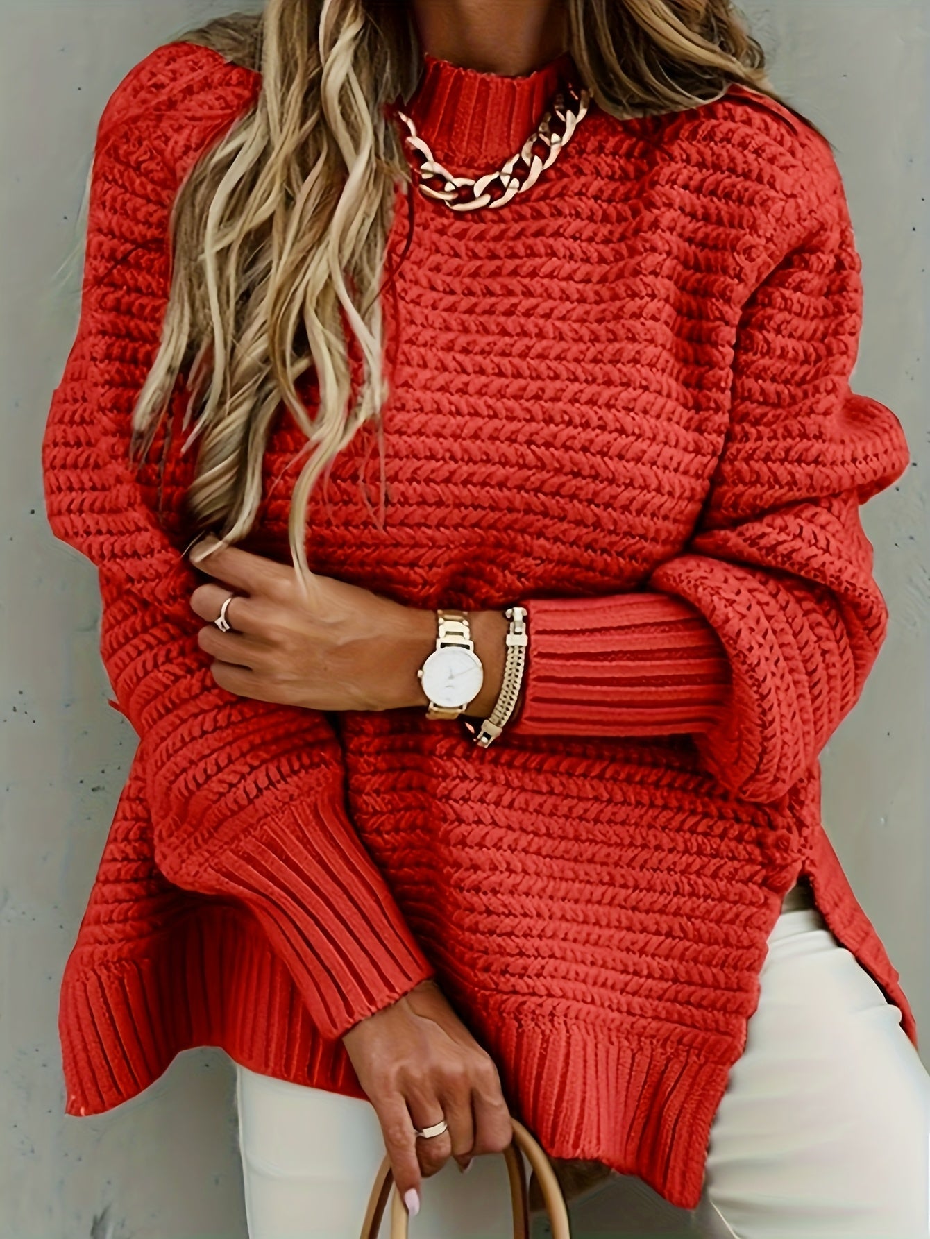Chunky Knit Mock Neck Sweater – Oversized High-Low Pullover