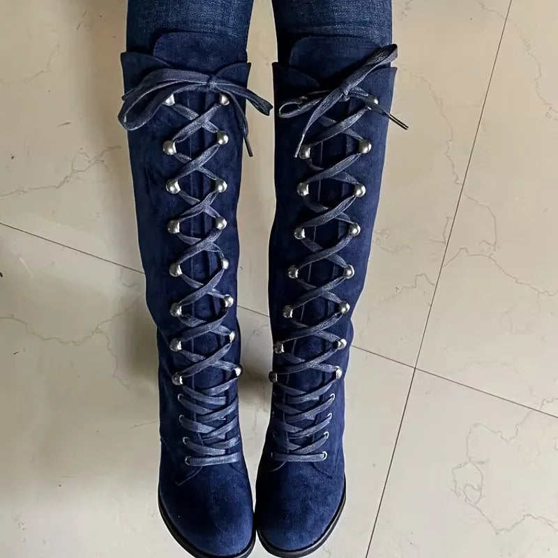 Lace-Up Knee-High Boots – Faux Suede Block Heel Round Toe