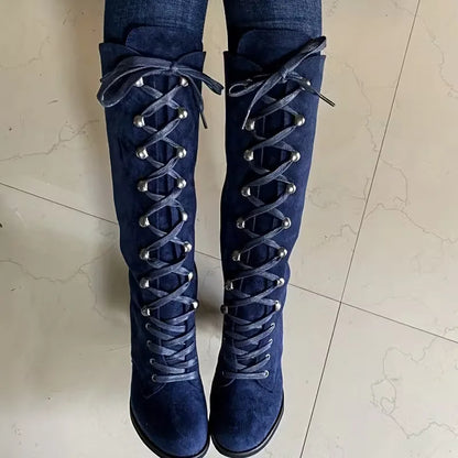 Lace-Up Knee-High Boots – Faux Suede Block Heel Round Toe