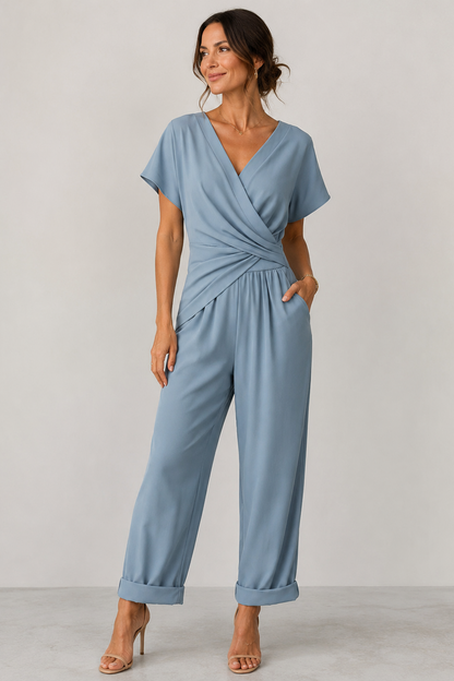 Wrap V-Neck Wide Leg Jumpsuit – Short Sleeve Summer Jumpsuit