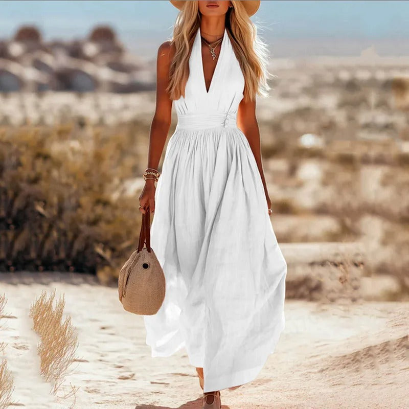 Linen Halter Neck Maxi Dress – Boho Flowy Sleeveless Summer Dress