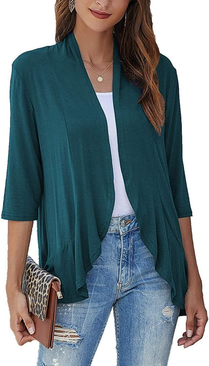 Open Front Draped Cardigan – Women's 3/4 Sleeve Lightweight Layer