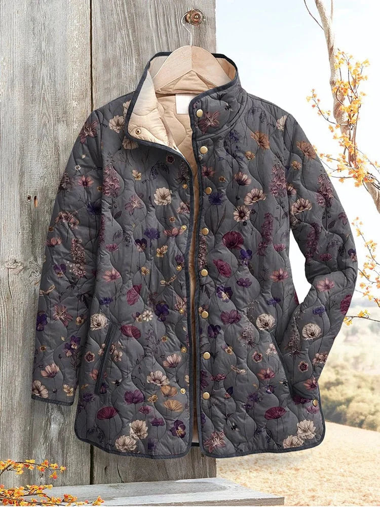 Floral Quilted Jacket – Women's Vintage Print Snap-Button Coat