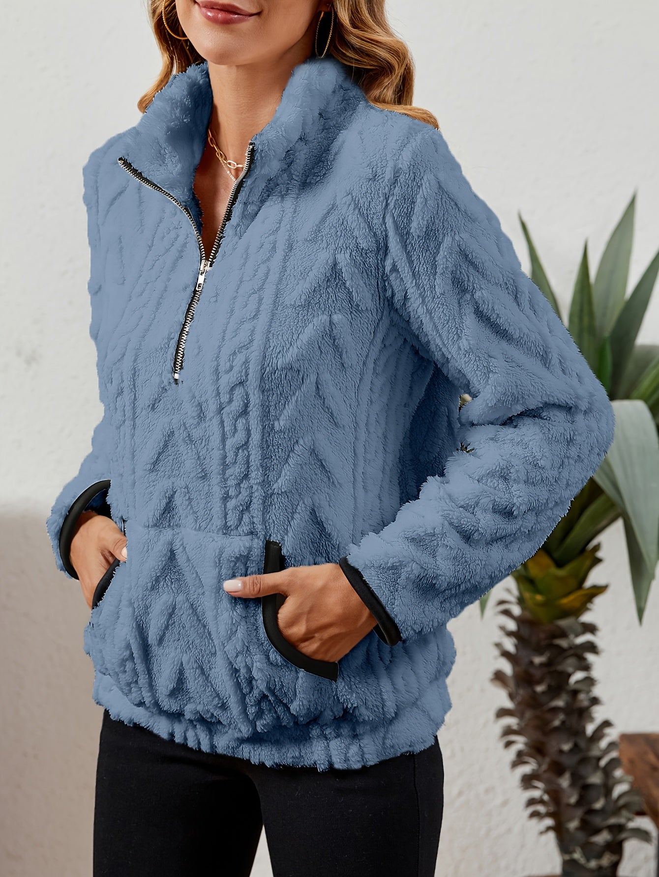 Sherpa Fleece Half-Zip Pullover – Textured Long Sleeve with Kangaroo Pocket