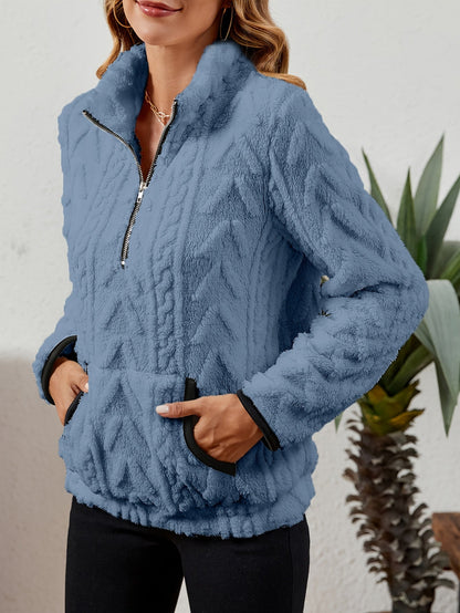 Sherpa Fleece Half-Zip Pullover – Textured Long Sleeve with Kangaroo Pocket