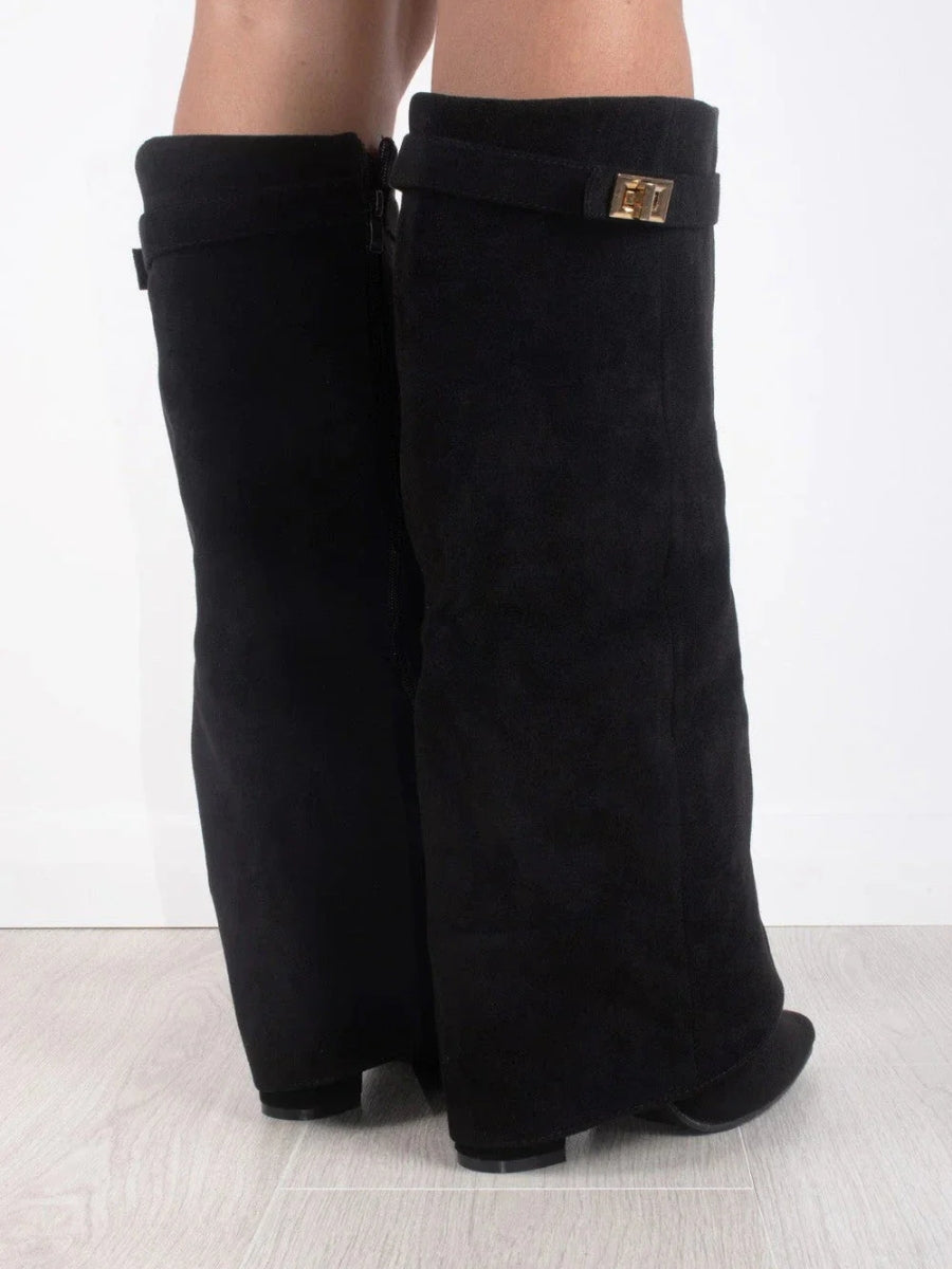 Suede Fold-Over Knee High Boots – Pointed Toe Gold Clasp