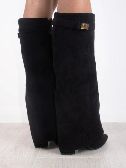 Suede Fold-Over Knee High Boots – Pointed Toe Gold Clasp