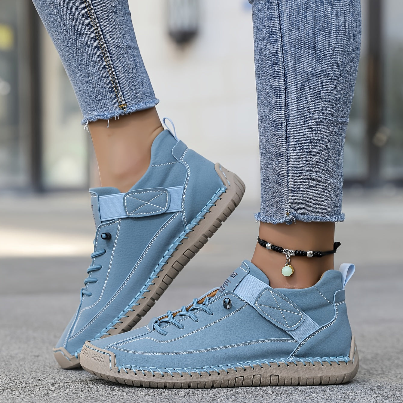 Lace-Up Casual Sneakers – Velcro Strap Cushioned Flat Walking Shoes
