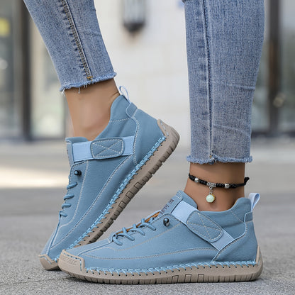 Lace-Up Casual Sneakers – Velcro Strap Cushioned Flat Walking Shoes