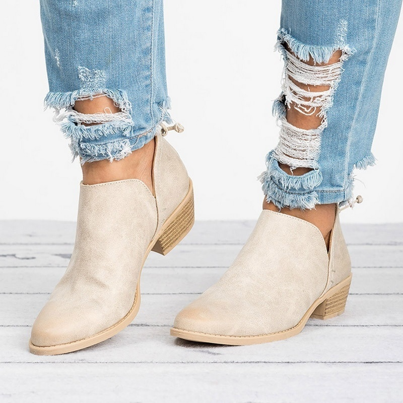 Slip-On Block Heel Ankle Boots – V-Cut Booties Retro Style