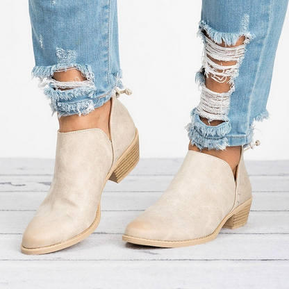 Slip-On Block Heel Ankle Boots – V-Cut Booties Retro Style