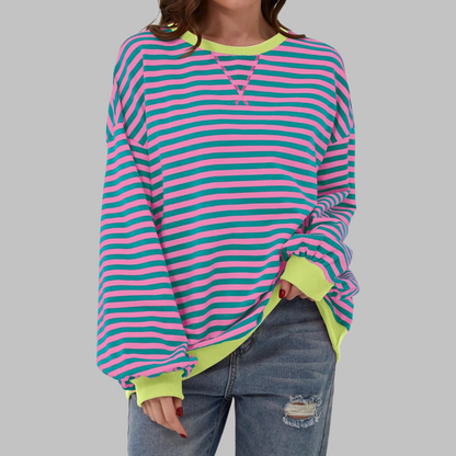 Striped Oversized Crewneck Sweatshirt – Colorblock Cuffs Relaxed Pullover