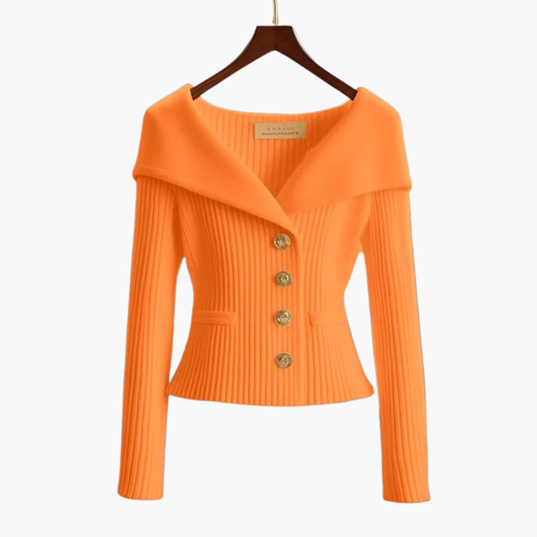 Off-Shoulder Ribbed Knit Cardigan – Button-Front Cropped Top