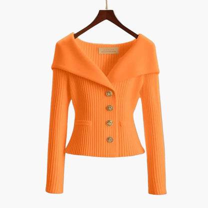 Off-Shoulder Ribbed Knit Cardigan – Button-Front Cropped Top