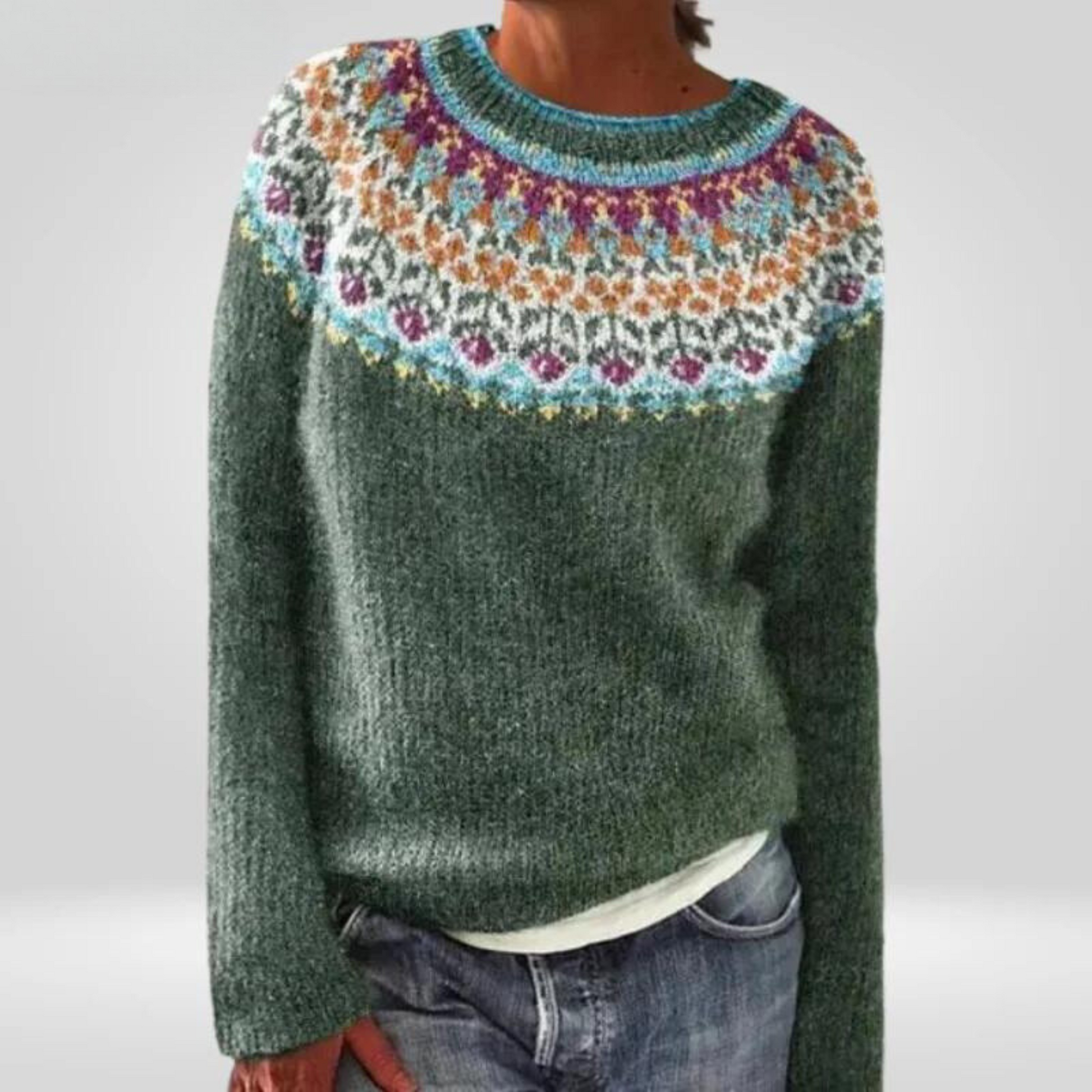 Floral Yoke Knit Sweater – Nordic Round Yoke Pullover Green