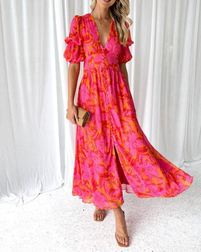 Floral Puff Sleeve Maxi Dress – V-Neck Button-Front Summer Dress
