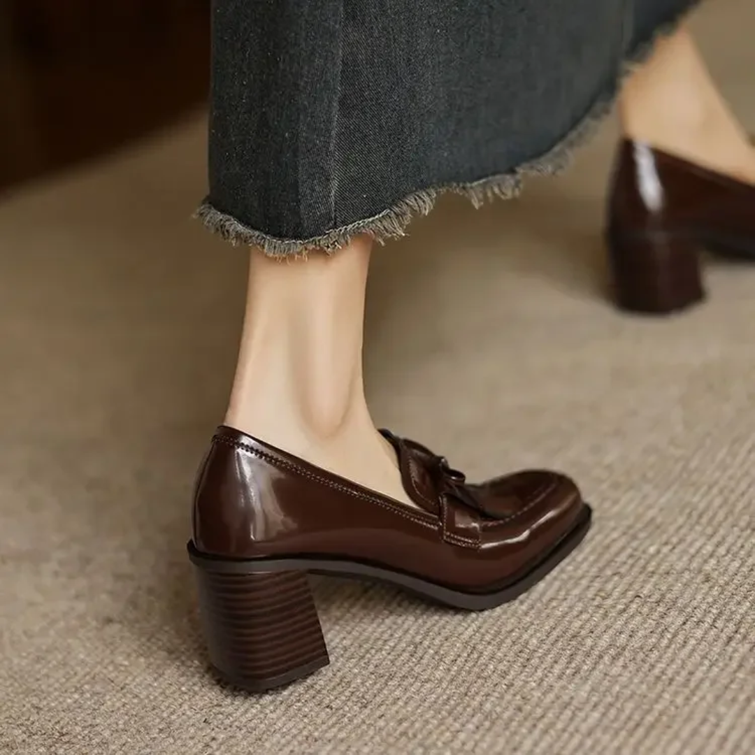 Patent Leather Tassel Loafer Pumps – Block Heel Round Toe
