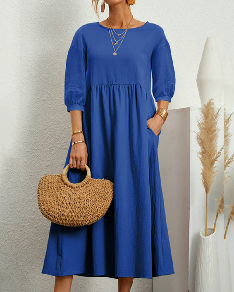 Smocked Waist Midi Dress – Puff Sleeve Round Neck A-Line