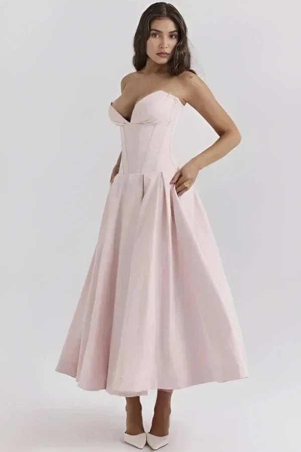 Women's Strapless Corset Midi Dress – Sweetheart Neckline A-Line Party Dress
