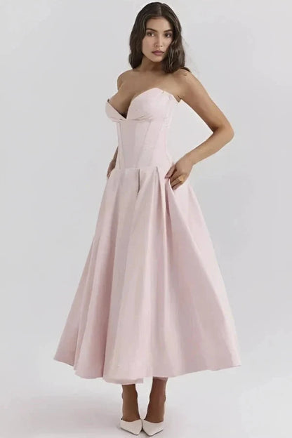 Women's Strapless Corset Midi Dress – Sweetheart Neckline A-Line Party Dress