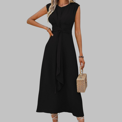 Sleeveless Tie Waist Maxi Dress – A-Line Round Neck Dress