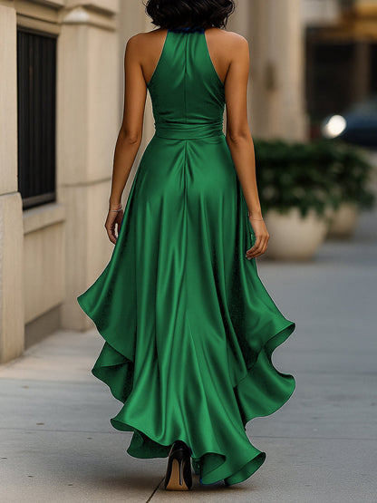 Women's Satin Halter Dress – High Low Ruffle Skirt Formal Evening Dress