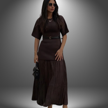 Pleated Maxi Dress – Short Sleeve Belted Mixed Texture