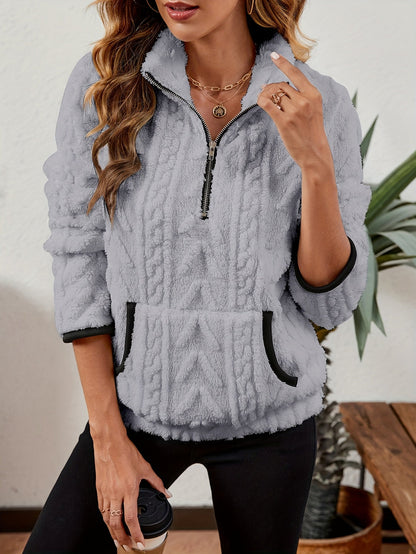 Sherpa Fleece Half-Zip Pullover – Textured Long Sleeve with Kangaroo Pocket