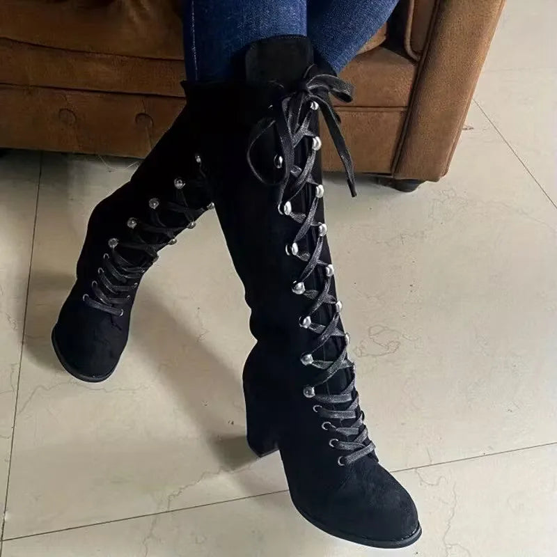 Lace-Up Knee-High Boots – Faux Suede Block Heel Round Toe
