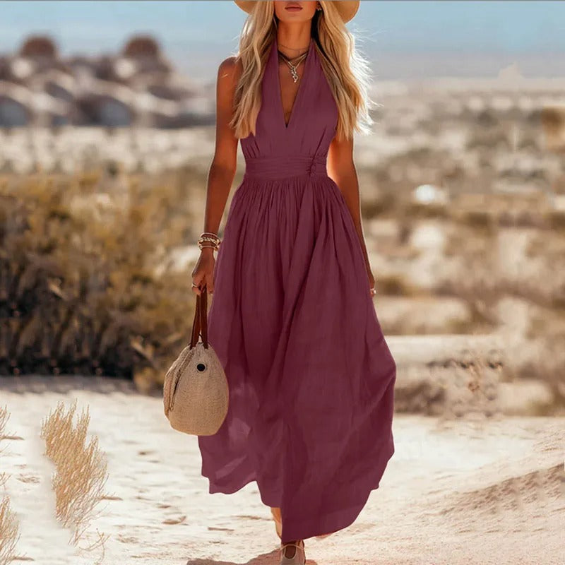 Linen Halter Neck Maxi Dress – Boho Flowy Sleeveless Summer Dress