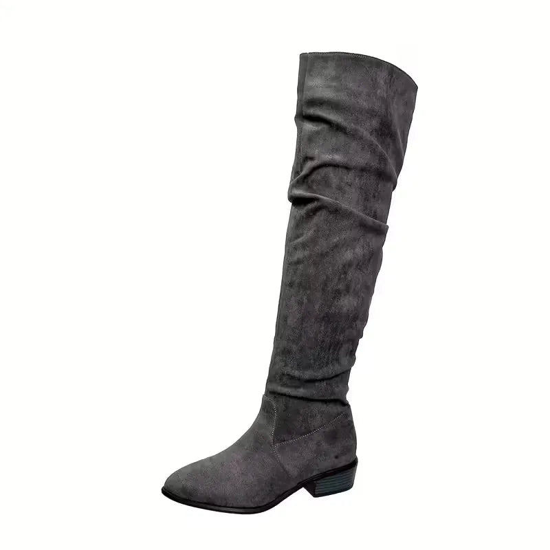 Faux Suede Over-the-Knee Slouch Boots – Block Heel Slip-On