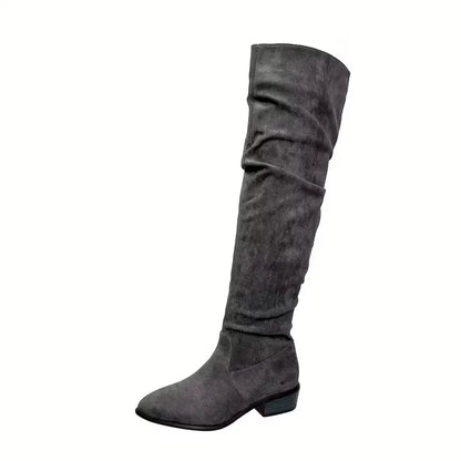 Faux Suede Over-the-Knee Slouch Boots – Block Heel Slip-On