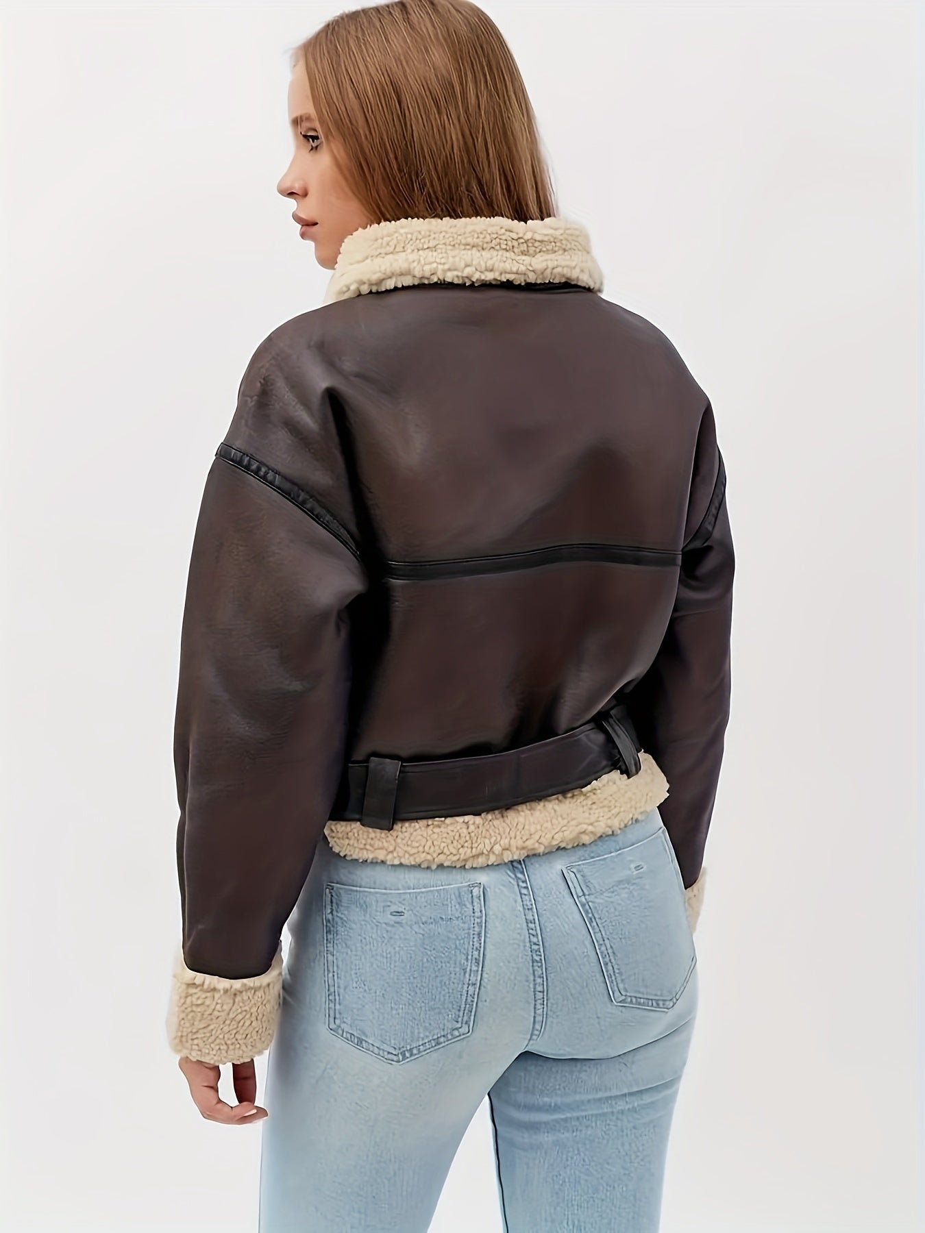 Faux Leather Shearling Moto Jacket – Cropped Belted Aviator