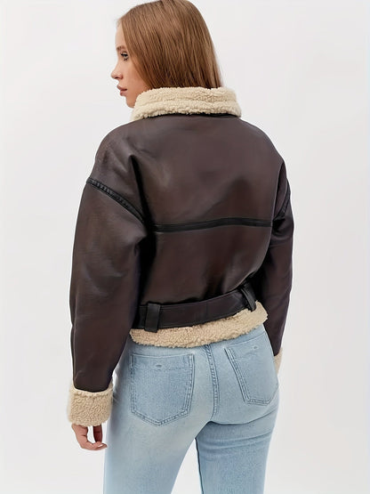 Faux Leather Shearling Moto Jacket – Cropped Belted Aviator